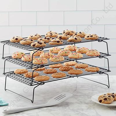 China Hot Selling Viable Kitchen Tools 3 Tier Black Stackable Rack Stainless Steel Expandable Foldable Cooling Rack For Cooking for sale