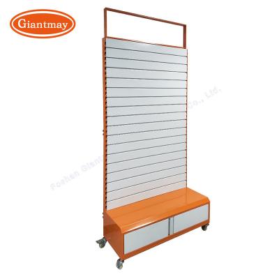 China Easy Assembly Metal Free Standing Slatwall Product Display Stands For Retail Store Rolling Slatwall Display Stand With Storage Cabinet for sale