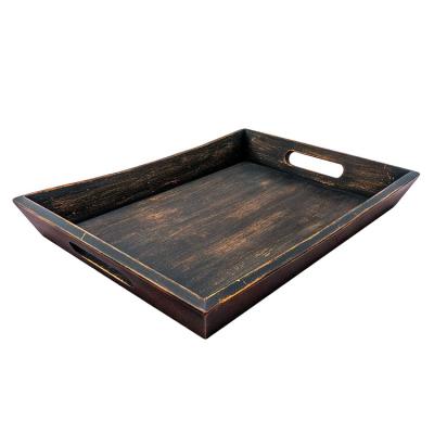 China Modern Aesthetic Dark Brown Environmentally Friendly Wooden Tray Serving Decorative Tray With Handle For Drinks And Food for sale