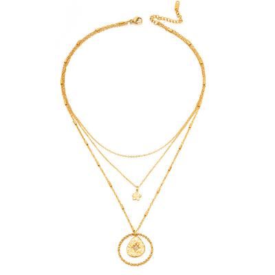 China Newest FASHIONABLE 14K Gold Plated Pentagon Necklace Fashion Three Layered Individuality Layered Stainless Steel Star Necklace for sale