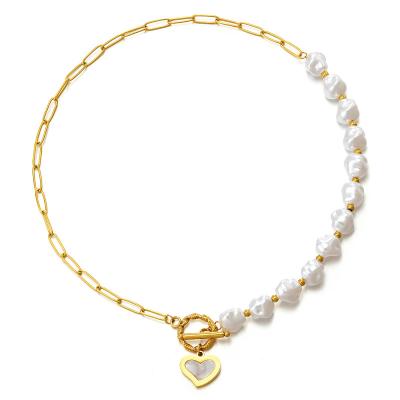 China New Trend FASHION Gold Plated Stainless Steel Shell Heart Paperclip Chain Neck OT Delicate Clasp Luxury Shell Heart Pearl Chain Necklace for sale