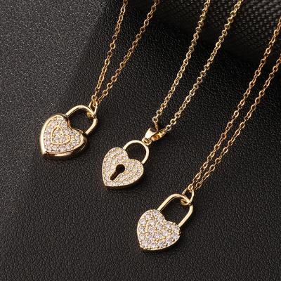 China Charming Gold Plated Zircon Heart Lock Necklace Geometric Rhinestone Heart Lock Necklace Fashion Dangle Individuality TRENDY for sale