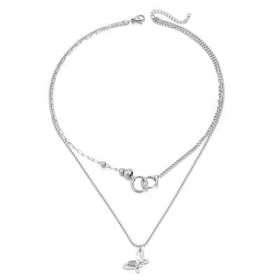 China FASHIONABLE Amazon Hot Sell Layered Butterfly Necklace Simple Fashionable Multilayer Surrounds Stainless Steel Butterfly Locking Necklace for sale