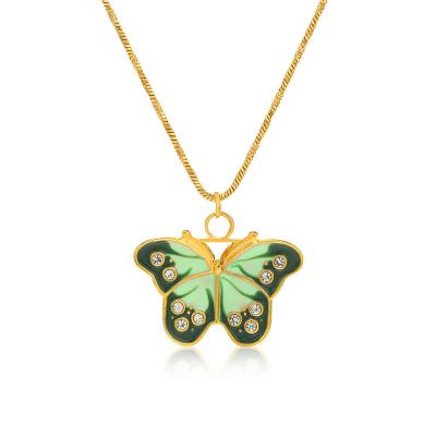 China FASHIONABLE Hot Selling Women Butterfly Stainless Steel Zircon Butterfly Necklace Oil Drop Green Sensitive Shiny Necklace for sale