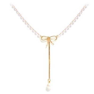 China Trendy Hot Selling Simple Bowknot Necklace Fashion Bowknot Pearl Chain Choker Adjustable Necklace Gold Plated for sale