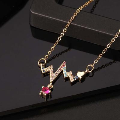 China Hot Sale FASHIONABLE Gold Plated Zircon Heartbeat Choker Necklace Exquisite Colorful Sensitive Rhinestone ECG Necklace for sale