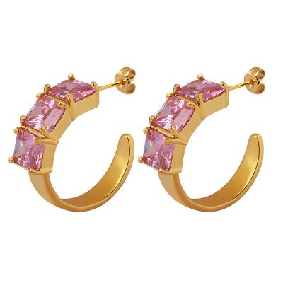 China New Trend FASHION Gold Plated Pink Crystal Earrings Elegant Delicate Sparkly Pink Zircon Stud Earrings for sale