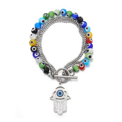 China Newest FASHIONABLE Multilayer Hand of Fatima Clasp Stainless Steel Turkey Demon Eyes Bracelet OT Bracelet for sale