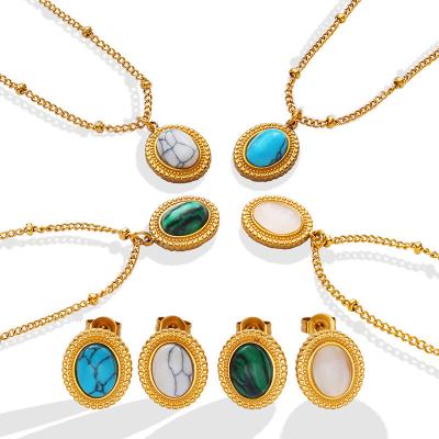 China Hot Selling Delicate Natural Boho Stainless Steel Turquoise Necklace Earring Set Vintage Vintage Opal Earring Necklace Set for sale