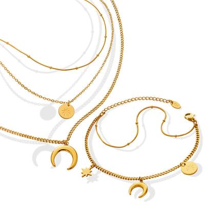 China Vintage Charming Multilayer Moon Star Choker Necklace Bracelet Set Fashion Gold Plated Stainless Steel Moon Star Jewelry Sets for sale