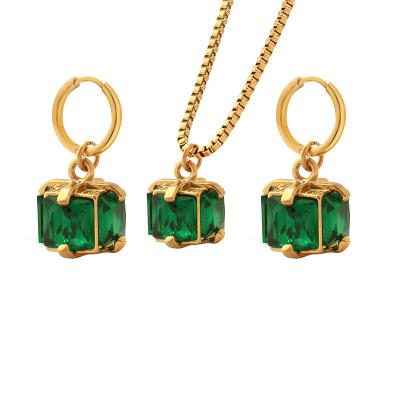 China New Arrival Vintage Cubic Zircon Necklace Earrings Sets Fashion Delicate Titanium Steel Green CZ Jewelry Sets For Women for sale