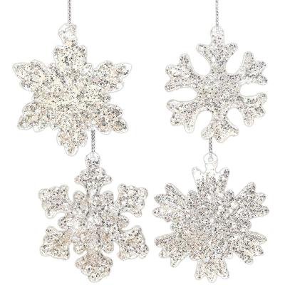 China China factory wholesale set of 4 champagne glitter snowflakes glass ornaments for Christmas for sale