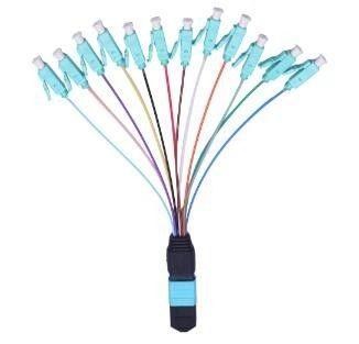 China OM3 Fan Out 12 Core Fiber Optic Cable MPO To LC With 0.9mm Length High Return Loss for sale