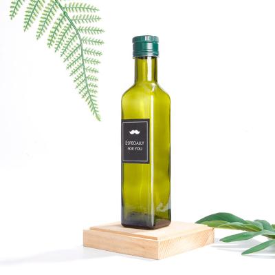 China Steamable 250ml 500ml 1000ml Green Square / Round Marasca Glass Bottle For Olive Oil With Metal Screw Lid for sale