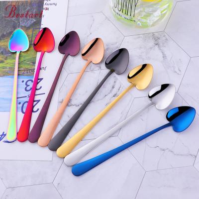 China Fashional Disposable Colorful Stainless Steel Long Handle Coffee Tea Ice Cream Heart Shape Dessert Spoon for sale