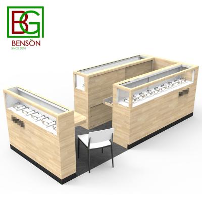 China Customized Newest Mall Kiosk Wooden Eyewear Optical Display Kiosk High End Glasses Shop Display for sale