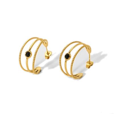 China Vintage Waterproof Jewelry Natural Stone Inlaid C Shape Earring 18K Real Gold Plated Stainless Steel Layered Earrings For Women for sale