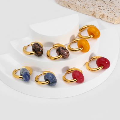 China Waterproof Fashion Gemstone 18K Gold Plated Stainless Steel Colorful Round Natural Stone Chunky Hoop Earring For Women for sale