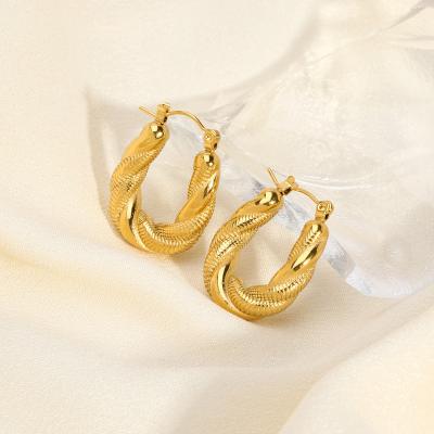 China Vintage Waterproof Double-Layer Twists Stainless Steel Oval Earrings 18K Gold U-Shaped Earrings For Women for sale