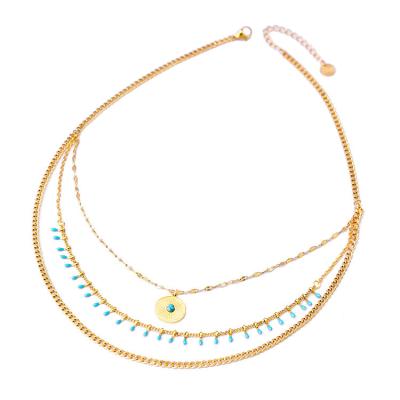 China Ethnic Blue Stone Waterproof Round Pendant Necklace Clavicle Chain Stacked 18K Gold Plated Stainless Steel Necklace For Women Accessories for sale