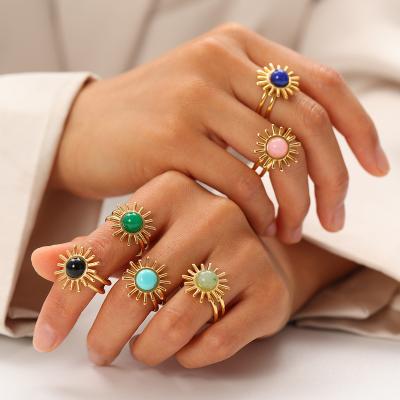 China INS Sunflower Shape Turquoise Waterproof Natural Stone Stud Adjustable Earring 18K Gold Plated Stainless Steel Open Earring for sale