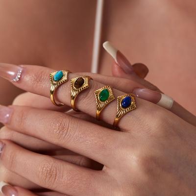 China Waterproof Classic Vintage Cat Eye Stone Opal Dainty Sun Shape 18K PVD Gold Plated Stainless Steel Rings for sale