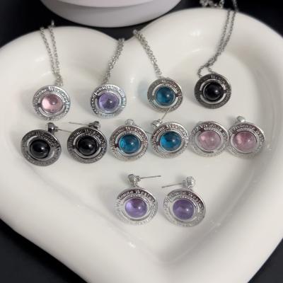 China Designer Waterproof Saturn Planet Necklace Earrings For Women Girl Pink Purple Rhinestone Stainless Steel Clavicle Chain Jewelry Set Party for sale