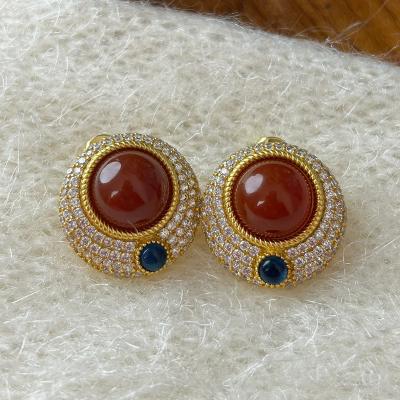 China Vintage Design Ruby Gold Plated Zirconia Round Gemstone Stud Earrings For Women Jewelry for sale