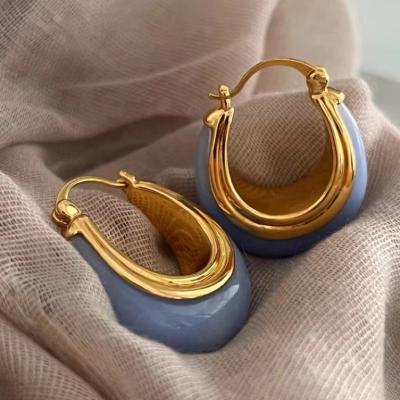 China Vintage French Luxury Designer Enamel Huggie Light Blue Gold Plated U-Shape Stud Earrings For Women Jewelry for sale