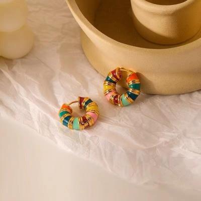 China Vintage Fashion Design Gold Plated Brass Oil Drip Colorful Enamel Circle Hoop Earrings For Women Jewelry Gift for sale