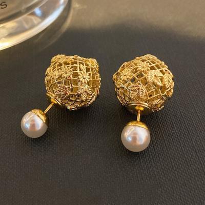 China Vintage Designer Luxury 925 Silver Needle Engraving Hollow Globe Rose Flower Pearl Stud Earrings For Women Jewelry for sale