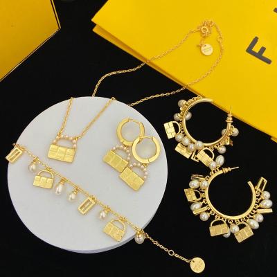 China Fashionable Waterproof High Quality Luxury Famous Brand F Inspired Designer Necklace Bracelet Earring Jewelry Set For Women for sale