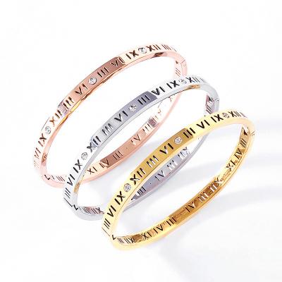 China Anniversary Engagement Gift Party Wedding Fashion Jewelry Roman Numbers Hollow Out Crystal Stainless Steel Bangle Bracelet Accessories For Women for sale