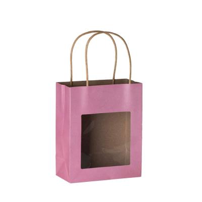 China Recyclable Pink Kraft Paper Bag With Window Food Storing Pouches With Handles Gift Bags With Clear Window for sale