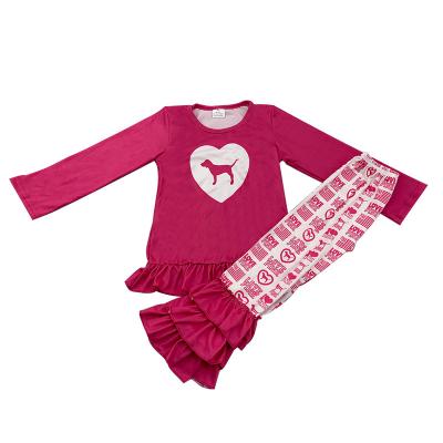 China Pink Casual Unique Design Babies Clothes Valentine Heart Bell Loving Ruffle Pants Boutique Outfits for sale