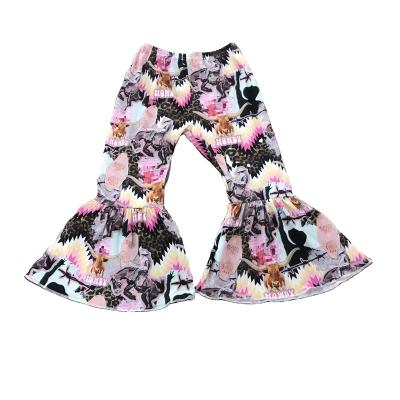 China Fashion formal design long pant cattle print western style girls bell bottom children boutique clothing for sale