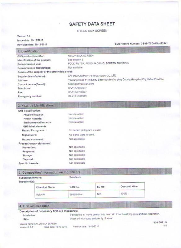 MSDS - Anping County Comesh Filter Co.,Ltd