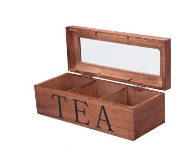 China Handmade 3 Compartments Hinged Lid Tea Glass Wooden Tea Box Organizer for sale