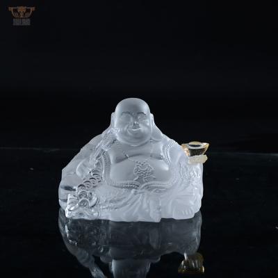 China China Mini Crystal Feng Shui Car Blessing Pocket Buddha Staue with Cattail Leaf Fan for sale