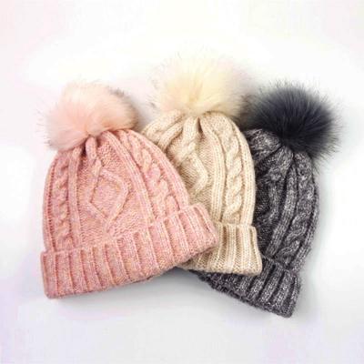 China COMMON Women Knit Beanie Chunky Baggy Hat Slouchy with Faux Fur Pom Pom Winter Hat for sale