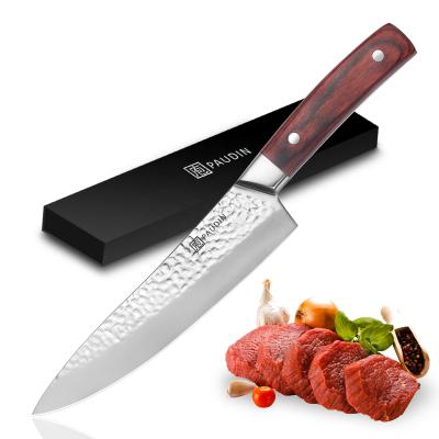 China Sustainable OEM 8 Inch Professional Hammered Style Blade Handle Stainless Steel Wooden Chef Knife for sale