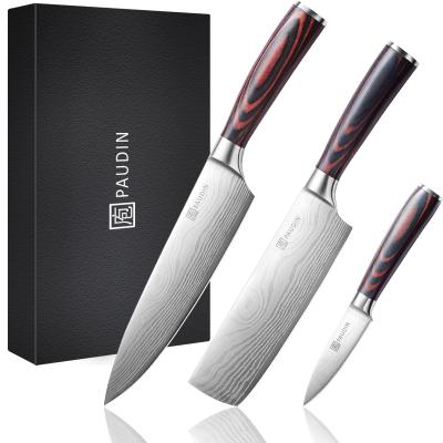 China Stocked Professional Kitchen Knife Set With Ultra Sharp Blade And Wooden Handle 3 Pieces Cooking Knife Set for sale