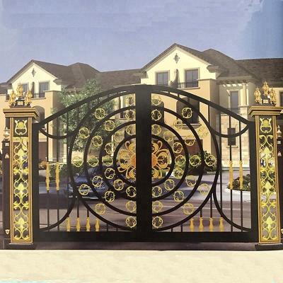 China Easily Compiled Ornamental Antique Home Entry Double Sliding Door Wrought Iron Base Track Designs for sale