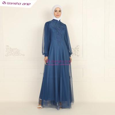 China TRANSLUCENT Muslim Dress Dubai 2022 Prom Dress Islamic Muslim Abaya Women Long Dress Full Striped Crew Neck Modest Evening Dress for sale