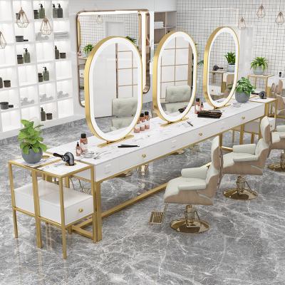 China China Hair Beauty Salon Barber Shop Equipment Modern Luxury Gold Elegant Double Sided Crystal LED Light Mirror Stations Set Furniture for sale