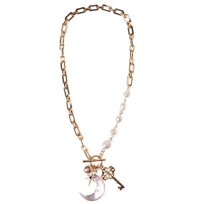 China TRENDY Fashion Design T/O Bar Gold Plated Moon And Lightning Key Pendant Necklace With Natural Pearls for sale