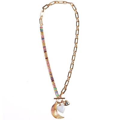 China Trendy Fashion Design T/O Bar Gold Plated Moon Shell And Heart Pendant Necklace With Color Cubic Stone for sale