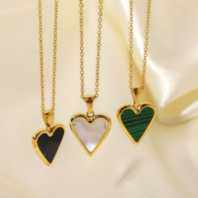 China CLASSIC Tarnish Free Yellow Gold Plated White Stainless Steel Heart Jewelry Malachite Mother Of Shell Heart Pendant Necklace for sale