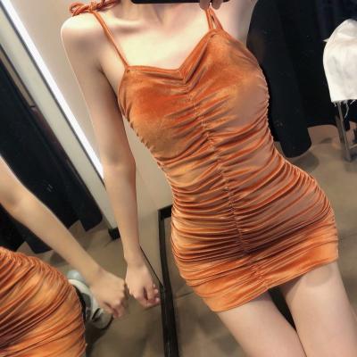 China Anti-Static Women Bandage Dress Spaghetti Strap Bodycon Drawstring Pleated Backless Nightclub Dress Elegant Party Ruched Velvet Fabric Dresses for sale