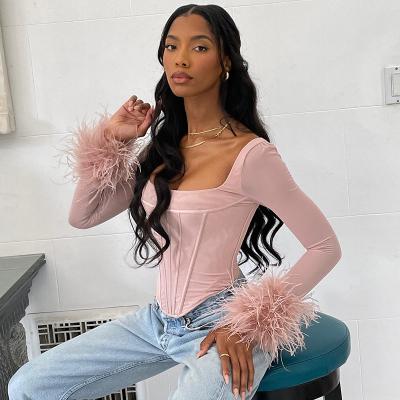 China QUICK DRY top women blouses new arrivals casual sweater ladies see through long sleeve feather corset top sexy ladies fashion clothes for sale